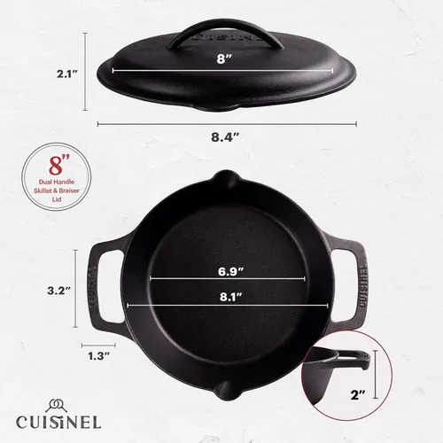 Miniatura 2 de Cuisinel - Sartén de hierro fundido con tapa de hierro fundido - Sartén de doble mango de 8 pulgadas + raspador de sartén + cubierta de mango