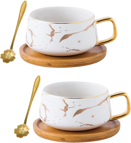 Miniatura 8 de Jusalpha Juego de taza de té y platillo de bambú de 300 ml con impresión de mano dorada de lujo, patrón de mármol de moda para mujeres TCS19 (blanco)