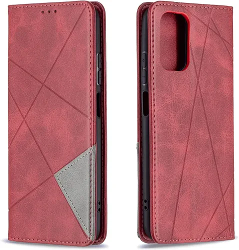 Funda con tapa para Xiaomi Redmi Note 10 4G/Note 10S, Rhombus Patrón Premium Cartera de cuero Kickstand Cubierta de cierre magnético Rojo