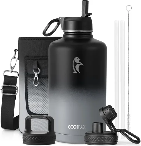 Miniatura 71 de Coolflask Botella de agua de 20 onzas aislada con pajilla, 3 tapas de metal de acero inoxidable, botella de agua de boca ancha para deportes u