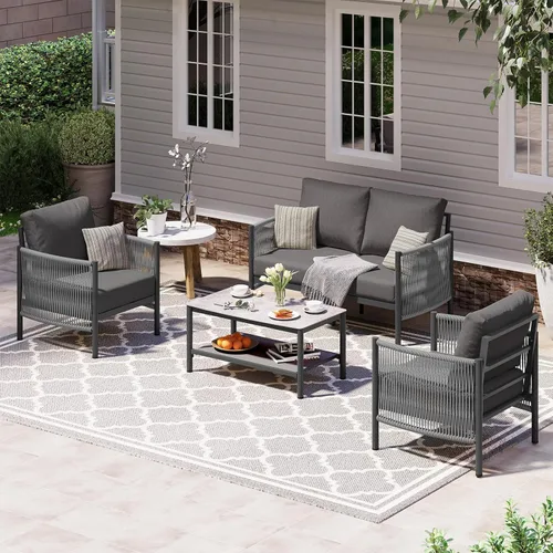 Miniatura 40 de Juego de muebles de aluminio para patio al aire libre con mesa de centro de doble capa, juegos de conversación de patio modernos de 4 piezas