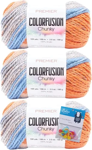Premier Yarns Colorfusion - Ovillo de punto grueso y voluminoso de 3.5 onzas cada madeja #5, peso voluminoso, paquete de 3 unidades con marcadores