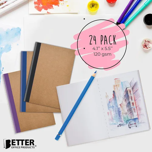 Miniatura 5 de Better Office Products 24 Pack Small Kraft Notebooks, 4.1 in x 5.5 in, 120gsm, 48 Heavyweight Unlined Blank White Pages, Assorted Vibrant