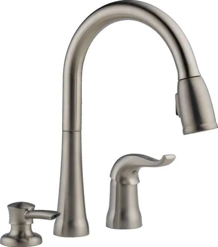Grifo de Cocina Delta Kate de Níquel Cepillado con Rociador Extraíble y Dispensador de Jabón, Grifo Moderno de Fregadero de Cocina de Dos Orificios,