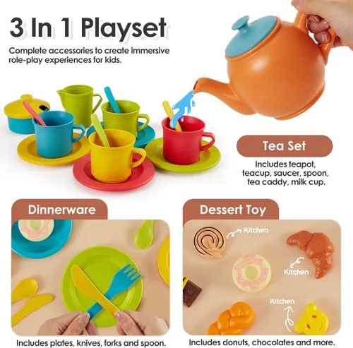 Miniatura 2 de Buyger Accesorios de Cocina de Juguete, Platos de Juguete y Utensilios Juego de Fiesta de Té Juguetes de Comida y Postres Regalos para Edades 3 4 5+