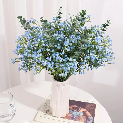 Miniatura 5 de 18 ramos de flores artificiales de eucalipto falsas de flores de gypsophila azules artificiales de tacto real para bodas, arreglos florales, Azul 18