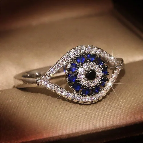 Miniatura 3 de Anillo de plata de ley 925 transparente y azul con circonita cúbica para mujer, anillo de zafiro con circonita cúbica, anillo femenino con un ojo