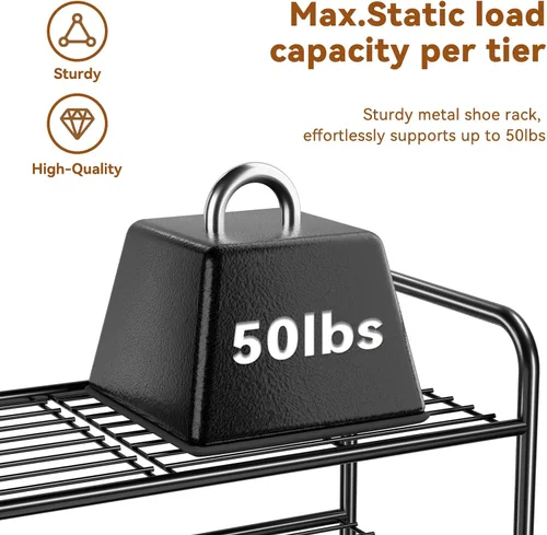 Miniatura 4 de Zapatero simple de 2 niveles y 27 pulgadas de ancho, estante organizador de zapatos de metal resistente para entrada, puerta delantera, color negro