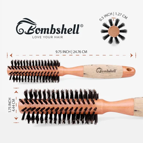 Miniatura 2 de Bombshell Cepillo Redondo de Madera de Abedul – 1.75 pulgadas de ancho, 10 pulgadas de largo, cerdas de jabalí, mango de madera natural