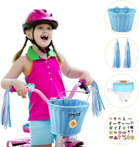 Miniatura 2 de Set de serpentinas para cesta de bicicleta para niños, cesta de mimbre para manillar de bicicleta con serpentinas de bicicleta coloridas, campana