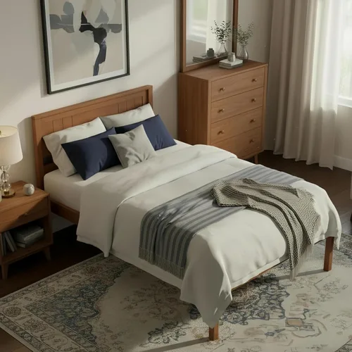 Miniatura 3 de KOMFOTT Marco de Cama de Madera Tamaño Twin con Cabecero, Marco de Cama de Madera Maciza con Soporte de Listones, Almacenamiento Debajo de la Cama