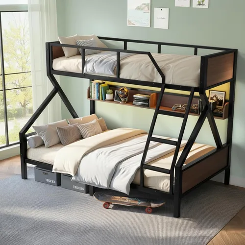 Litera individual XL sobre Queen con estantes de almacenamiento y luces LED, marco de cama de metal resistente con escaleras, diseño sin ruido, cama