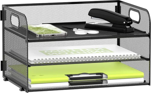 Daltack Organizador de papel de 3 niveles con asa, organizador de escritorio de malla, bandeja de cartas, organizador de archivos para carpetas A4,