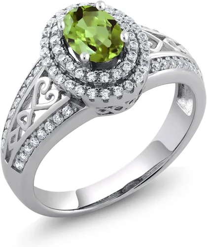 Miniatura 17 de Anillo de compromiso con halo de piedra preciosa y piedra natal en plata chapada en oro amarillo de 18 quilates, ovalado, 0.236 x 0.157 pulgadas