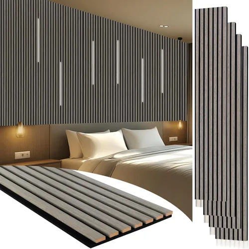 Miniatura 10 de Yuzzy Paneles de madera para pared y techo, paneles acústicos de listones de madera de 108 x 11 pulgadas, 2 unidades, paneles de pared modernos que