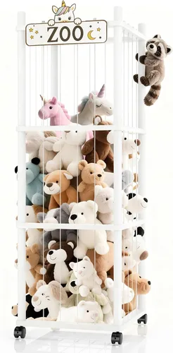 Miniatura 9 de Torre del zoológico de almacenamiento de animales de peluche, organizador grande de madera de 56 pulgadas con ruedas, almacenamiento de peluches