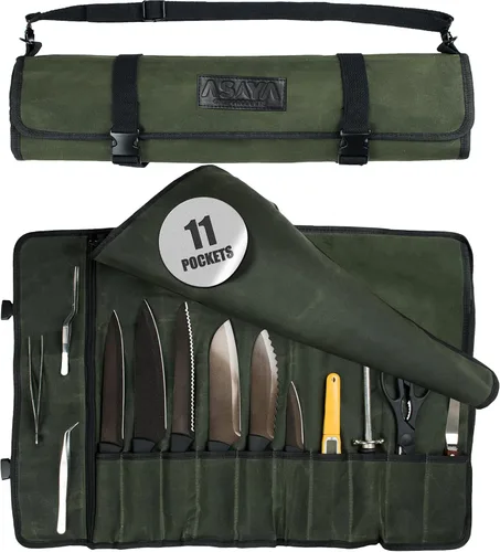 Miniatura 7 de Asaya - Bolsa enrollable de lona para cuchillos de chef - 10 ranuras para cuchillos y un gran bolsillo con cremallera - Funda duradera de lona