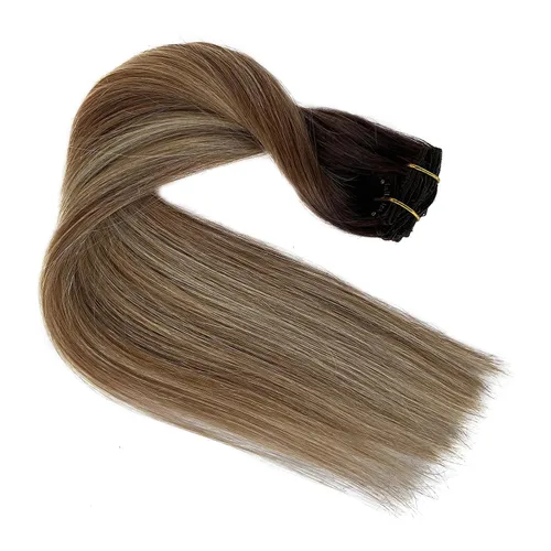 Miniatura 6 de Extensiones de cabello con pinza Valiilo, cabello humano, 70 g, 7 unidades, estilo balayage, color nogal marrón a marrón ceniza y rubio medio