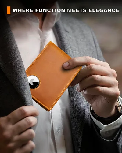 Miniatura 51 de Billetera AirTag para hombre, de piel auténtica plegable con bloqueo Rfid AirTag con ranuras para efectivo y ventana de identificación, compatible