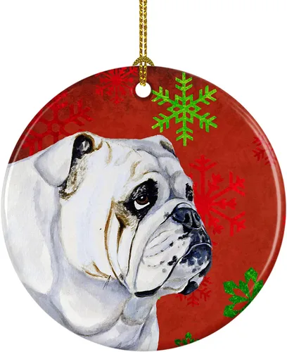 Caroline's Treasures Bulldog English - Copos de nieve rojos y verdes, adorno de cerámica de Navidad, decoración colgante para el hogar, Navidad,