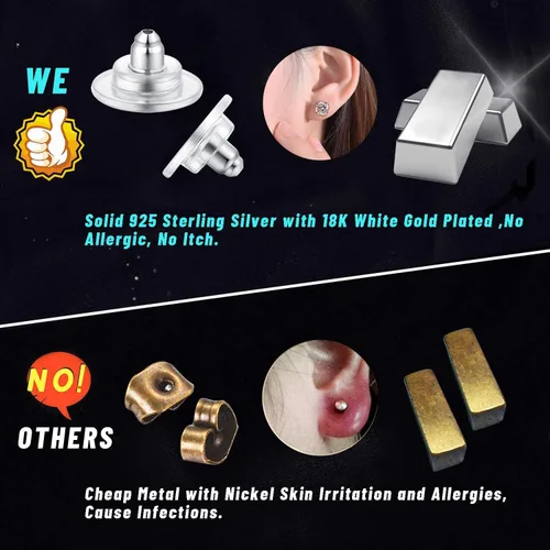 Miniatura 5 de Catinee 3 pares de respaldos de aretes de plata de ley, ajuste hipoalergénico con cierre de 0,028-0,039 pulgadas (blanco+oro)