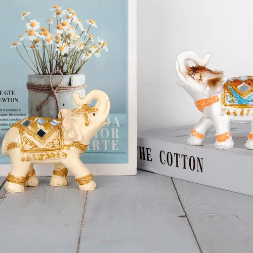 Miniatura 3 de Juego de 2 estatuas y figuras de elefante - Regalos de elefante de la suerte y la riqueza para decoración del hogar - Estatua con trompa hacia