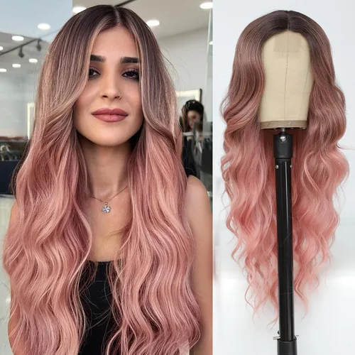 Miniatura 8 de NAYOO Pelucas largas y onduladas de color castaño rojizo para mujer, peluca rizada ondulada con raíces oscuras, pelucas sintéticas de fibra