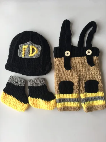 Miniatura 3 de Pinbo Bebé Fotografía Prop Crochet Punto Bombero Bombero Sombrero Pantalones Zapatos