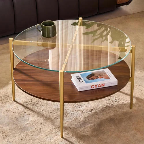 Miniatura 12 de Shrine Mesa de café redonda de vidrio, diseño moderno de mediados de siglo, 30 x 17 pulgadas de diámetro x altura, estructura de 2 niveles, parte