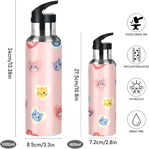 Miniatura 2 de Cute Cartoon Cat Stainless Steel Water Bottle 32 Oz, BPA-Free Sports Water Bottle with Straw Leakproof Water Bottles