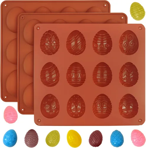 Moldes de chocolate para huevos de Pascua, 3 piezas, moldes de silicona para dulces de Pascua, 12 diseños de moldes de huevo antiadherentes para