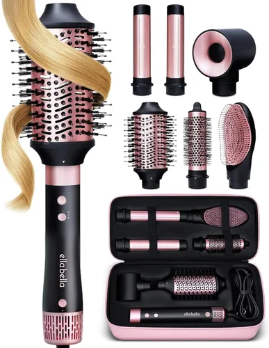 ELLA BELLA® Estilizador profesional de aire caliente 6 en 1 • Potente juego de secador de pelo y alisador • Estilo sin daños por calor • Secado