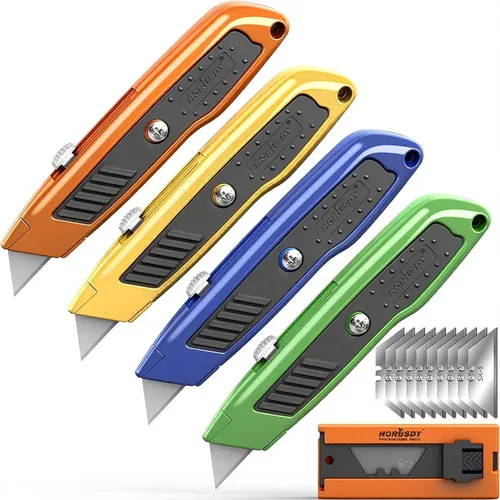 HORUSDY Paquete de 4 cuchillos utilitarios de cortadores de caja, cortador de caja retráctil de carcasa de aluminio resistente para cartón, cajas y