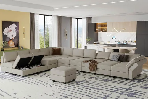 Miniatura 3 de Belffin Sofá modular grande con asiento de almacenamiento, sofá en forma de U de gran tamaño con tumbona reversible, juego de sofá modular con Gris