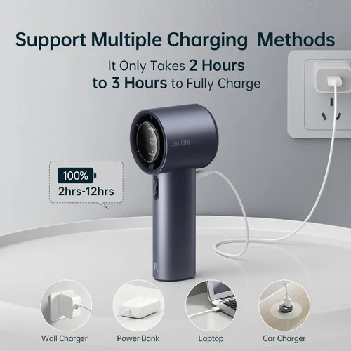 Miniatura 7 de JISULIFE Ventilador de mano portátil, velocidad (1-100) Turbo Mini ajustable y batería de 3600 mAh, ventilador personal recargable, pantalla Azul