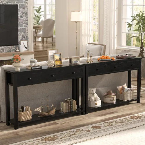Miniatura 4 de Homieasy Mesa consola de granja con 3 cajones, mesa de sofá de madera de 47 pulgadas con estante de almacenamiento para sala de estar, detrás