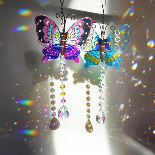 Miniatura 3 de Juego de 2 atrapasoles de mariposa de metal para ventanas – Decoración de pared de valla al aire libre de 14 pulgadas, prismas arcoíris