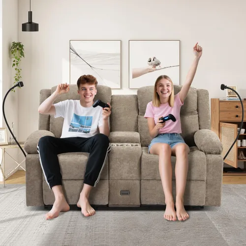 Miniatura 8 de Sofá biplaza reclinable manual con soporte ajustable de 360°, almacenamiento de consola central con carga tipo C y USB, reposacabezas ajustable
