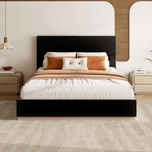 Miniatura 11 de Base de cama de plataforma de tamaño completo con cabecero, cama de terciopelo con base sólida con listones de madera, base de colchón resistente