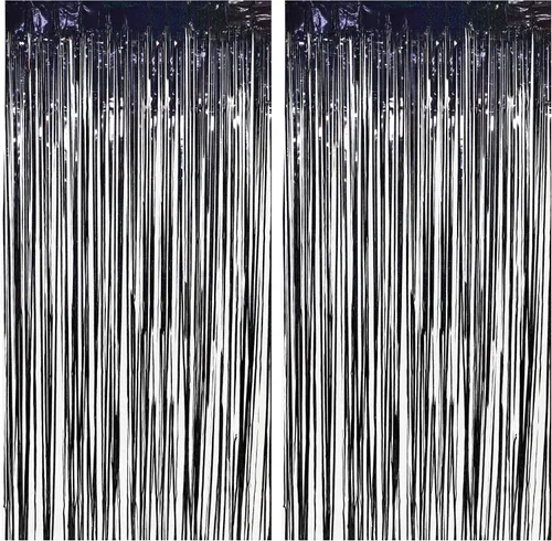 Miniatura 13 de Cortinas de flecos de aluminio negro para decoración de Halloween, paquete de 2 telón de fondo de oropel para accesorios de cabina de fotos