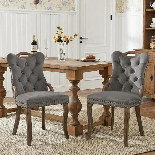 Miniatura 44 de SoarFlash Juego de 2 sillas de comedor de tela de lino, sillas de comedor tapizadas con ribete de cabeza de clavo y patas de madera de color claro