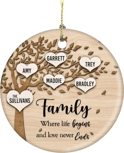 Family Where Life Begins and Never Ends - Adorno de Navidad personalizado de cerámica de 3 pulgadas con caja de regalo (5 nombres)