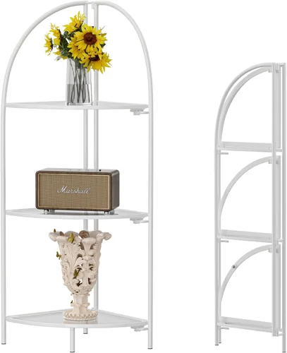 Miniatura 17 de Crofy Estante esquinero plegable de 3 niveles, soporte de esquina de metal para plantas con marco negro y estantes negros, estante de exhibición
