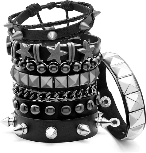 Juego de 6 pulseras punk rock con tachuelas para mujeres y hombres, 80s Alt Gothic Grunge Emo pulseras accesorios retro con cuentas de estrella Y2K