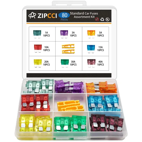 ZIPCCI 80 piezas de fusibles estándar para coche, kit de surtido de fusibles (1 A/3 A/5 A/10 A/15 A/20 A/30 A/40 A) Fusibles planos automotrices