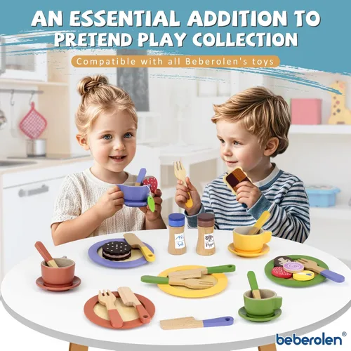 Miniatura 4 de Platos y platos de madera para niños, accesorios de cocina para niños pequeños de 1 a 3 años, juguetes de cocina, tazas de té para niños, regalo