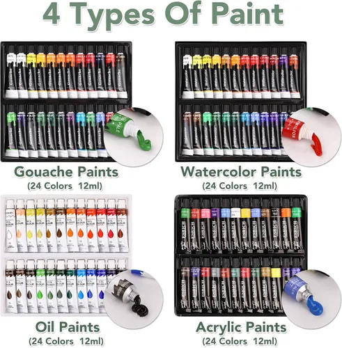 Miniatura 3 de Juego de pintura ESRICH de 166 piezas, suministros de pintura con 96 pinturas (aceite, acuarela, gouache y pintura acrílica), caballetes de metal