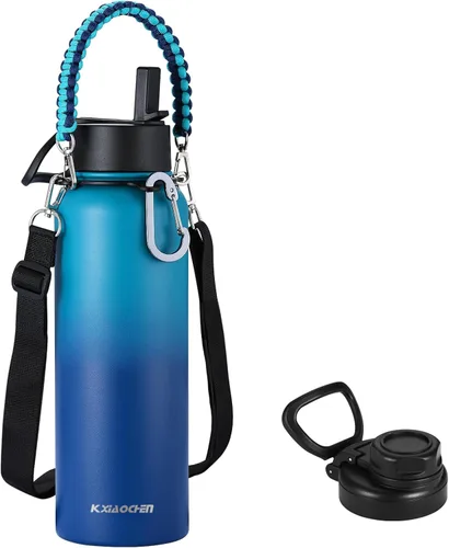 Miniatura 26 de KXIAOCHEN Botella de agua aislada, botella de agua de acero inoxidable, 2 tapas (con pajilla y tapa con asa), botellas de agua metálicas de boca