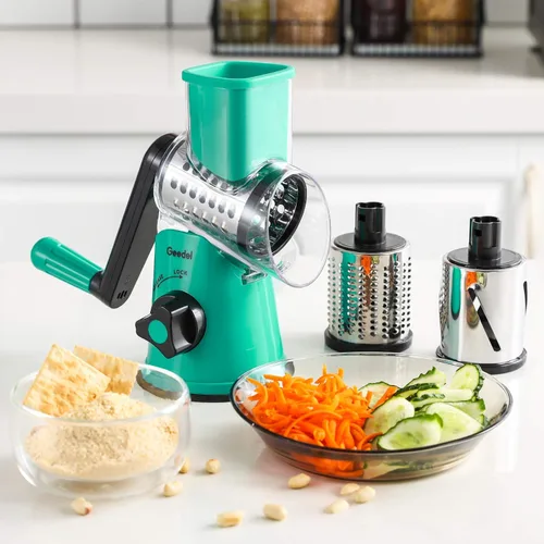 Miniatura 7 de Rallador de queso giratorio Geedel con 3 cuchillas intercambiables, rallador de mandolina de cocina para verduras, frutas, nueces, fácil de limpiar