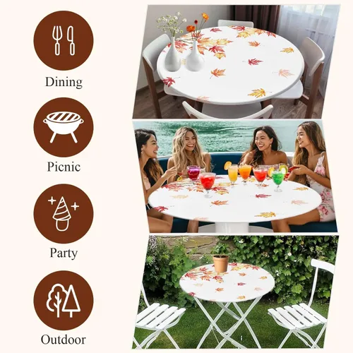 Miniatura 8 de Mantel redondo impermeable con hojas de otoño, tela lavable, mantel elástico a prueba de aceite, para fiestas de picnic en interiores y exteriores
